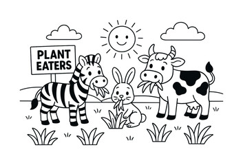 Fototapeta premium Grassland Herbivores Coloring. Herbivores in the grassland ecosystem children?s coloring book illustration, outlined drawing, cheerful zebra, rabbit, and cow