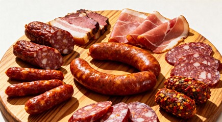 Gourmet Selection of Cured Meats and Sausages on a Wooden Board