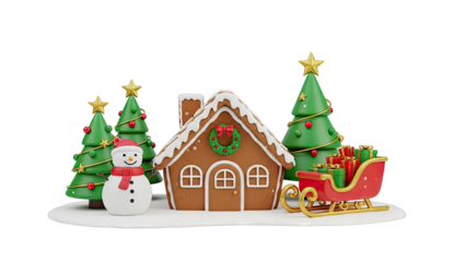 Christmas Scene: Gingerbread House, Snowman, Trees, and Sleigh with Gifts