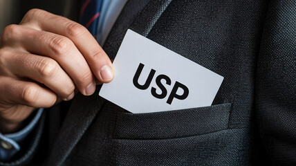 A businessman holding a card with USP in his suit pocket
