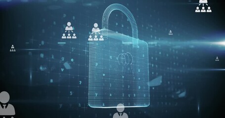 Animation of digital padlock with integrated circuit over data processing on screen - Powered by Adobe