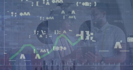 Animation of data processing over diverse business people talking - Powered by Adobe