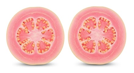 Two halves of a pink guava fruit on a white background.