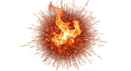 A fiery explosion with orange and red flames against a white background.