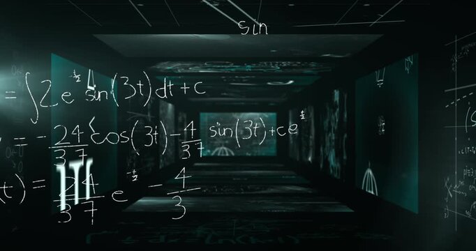 Mathematical equations floating over multiple screens with data processing