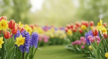 A vibrant garden with a variety of colorful flowers, including tulips, daffodils, and hyacinths, in a lush green field with a blurred background of trees and sunlight filtering through.