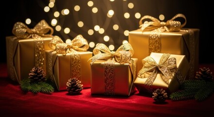Christmas presents with golden ribbons and bows on a red tablecloth with pine cones and greenery.