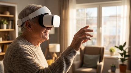 Happy senior man wearing a VR headset at home. Smiling elderly male exploring virtual reality, reaching out with his hand in a sunlit living room. Technology adoption and active aging concept.