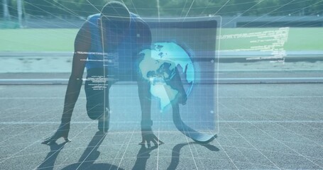 Animation of data processing on digital screen over african america male runner with running blade - Powered by Adobe