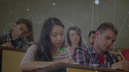 Animation of data processing over diverse students learning in classroom - Powered by Adobe