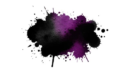 A black and purple watercolor splatter on a white background.