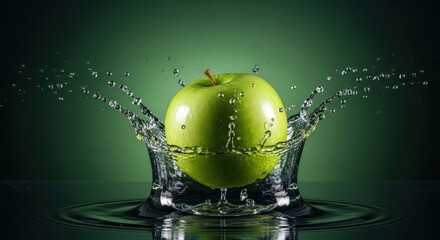 A green apple with water splashing around it on a green background.