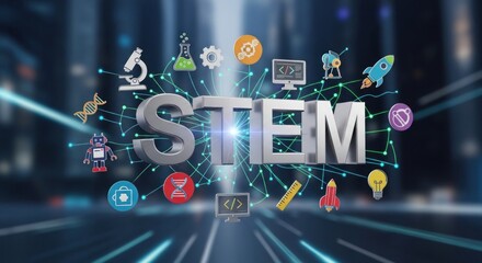 A futuristic cityscape with a large, illuminated 'STEM' sign in the center, surrounded by various icons representing technology, science, engineering, and mathematics.