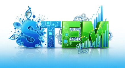 The word 'STEM' spelled out in colorful letters with a background of a DNA helix and a bar graph.