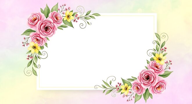 Watercolor pink rose flower border frame illustration template with yellow floral elements and green leaves on a soft pastel gradient background for invitations.