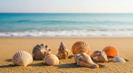 Seashells on a sandy beach with the ocean in the background.