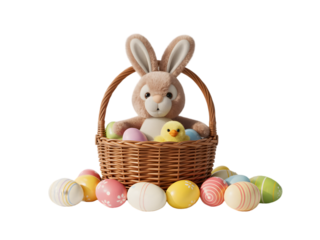 Easter sunday bunny in basket with eggs isolated on transparent background