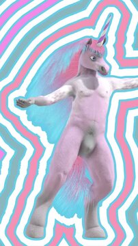 Seamless funny vertical video of a crazy unicorn dancing with long rainbow hair with pastel color wave strocke effect