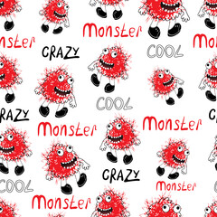Vector seamless pattern with funny red monsters and typography elements. Creative hand drawn characters for children's fashion, textile design, and nursery decor on white background.