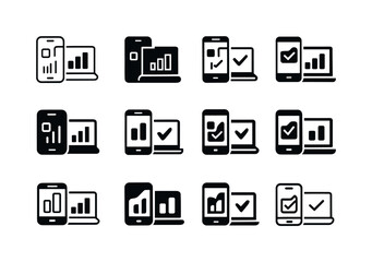 Productivity Icons Grid. Productivity tools and apps on phone and laptop. Icon set. Set Logo of productivity tools and apps on phone and laptop: laptop with