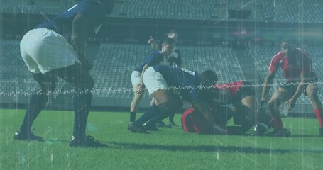 Animation of data processing and rugby players over sports stadium
