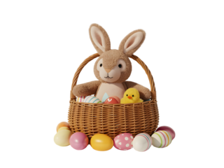 Easter sunday bunny in a basket with eggs isolated on transparent background