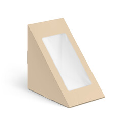 Kraft triangular sandwich box packaging mockup. Vector illustration isolated on white background. Half side view. Can be use for template your design, presentation, promo, ad. EPS10.