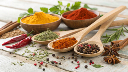 an assortment of colorful spices and herbs arranged on a rustic wooden surface
