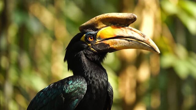 A Rhinoceros Hornbill is shown with its distinctive casque and bill amidst blurred foliage