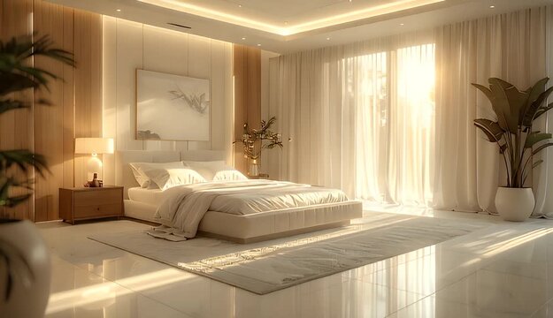 Luxury Bedroom Interior with Sunlight Streaming Through Curtains Minimalist Design Wood Accents