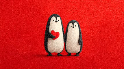Cute penguin couple holding hands together against isolated red background - ai generative