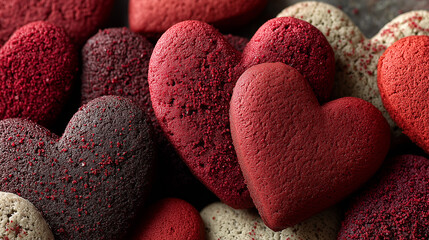 Colorful heart shaped cookies close up background - ai generative