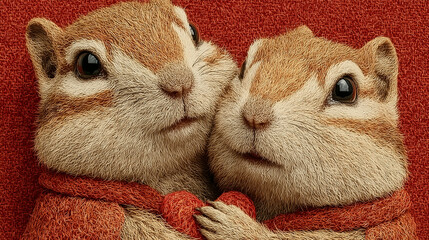 Cute squirrel couple hugging together against red background - ai generative