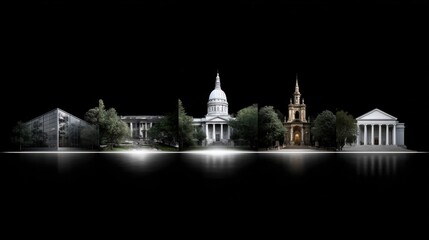 Symbols of cultural heritage preservation. Photorealistic 3D render of various historic buildings in front of each other, on a black background, with a symmetrical composition and white reflections.