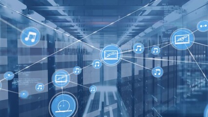Animation of network of communication icons and data processing over computer server room - Powered by Adobe