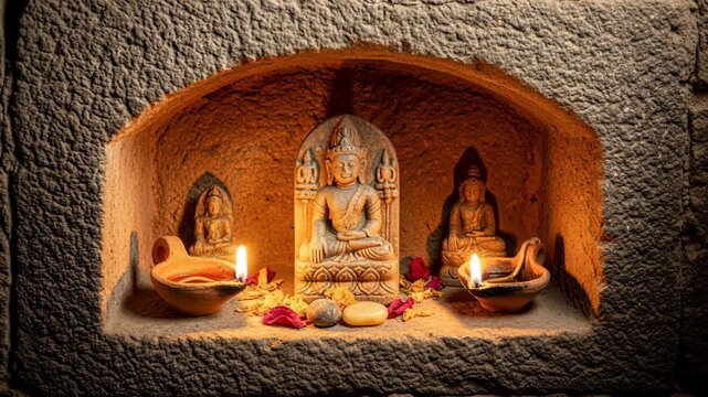 Ancient stone shrine with flickering candlelight highlighting spiritual figures