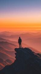 Man stands on mountain top at sunrise. Person enjoys vast mountain landscape at dawn. Silhouette of man on rocky peak overlooking mountains under vibrant morning sky