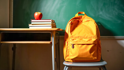 Yellow school backpack sits on a chair in front of a green chalkboard