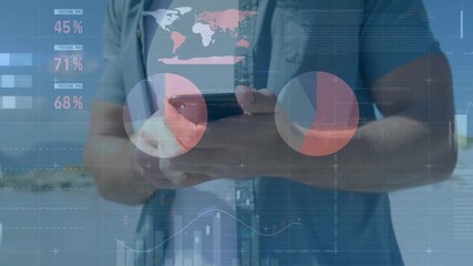 Animation of financial data processing and statistics over caucasian man using smartphone - Powered by Adobe
