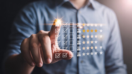 A man in a blue shirt interacting with a digital checklist and rating system