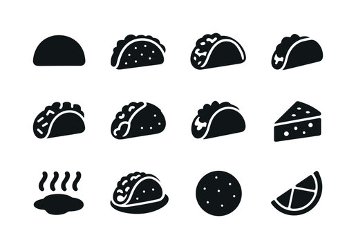 Taco Icon Set. Tacos. Solid icon set of Tacos: taco shell, taco with filling, soft taco, hard shell taco, beef taco, chicken taco, veggie taco, cheese topping,