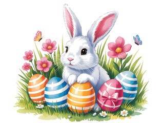 Easter sunday bunny with colorful eggs isolated on transparent background