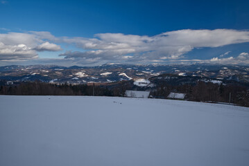 View from Cieslar hill in Beskid Slaski mountains on polish-czech borders during winter