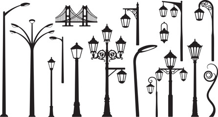 Collection of outdoor streetlight silhouettes. Vector lamp illustrations in different styles for urban and landscape design projects 
