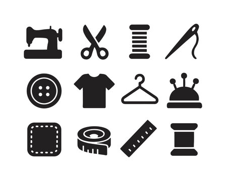 Handmade Fashion Icons. Handmade fashion. Solid icon set of Handmade fashion: sewing machine, scissors, thread, needle, button, t-shirt, hanger, pin cushion,