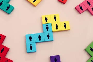 Business image of puzzle with people icons over pastel background, human resources and management concept