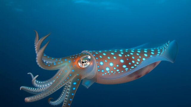 Graceful squid gliding underwater: mesmerizing dance of colors and patterns in the deep ocean