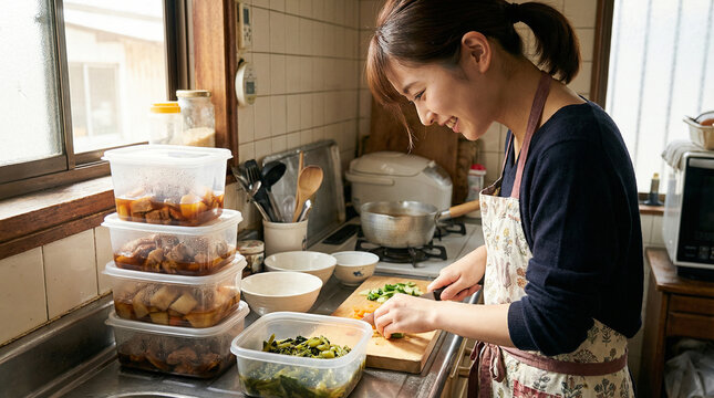 キッチンで笑顔で料理をする日本人女性。カウンターに並んだ作り置きのおかずと家事を楽しむ主婦のライフスタイル。