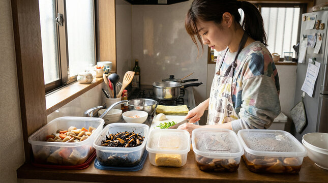 キッチンで作り置きのおかずを準備する日本人女性。効率的な家事や健康的な食生活を実践する主婦の調理シーン。