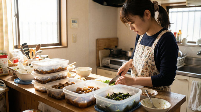 キッチンで包丁を使い料理をする日本人女性。カウンターに並んだ作り置きのおかずと家事に集中する主婦のライフスタイル。